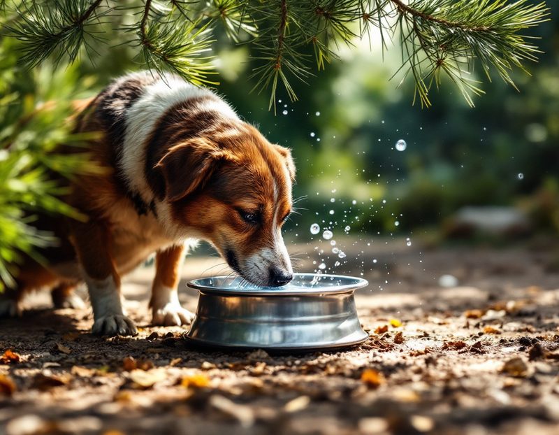 Chien qui boit dans une gamelle d'eau à l'ombre d'un pin, en plein été