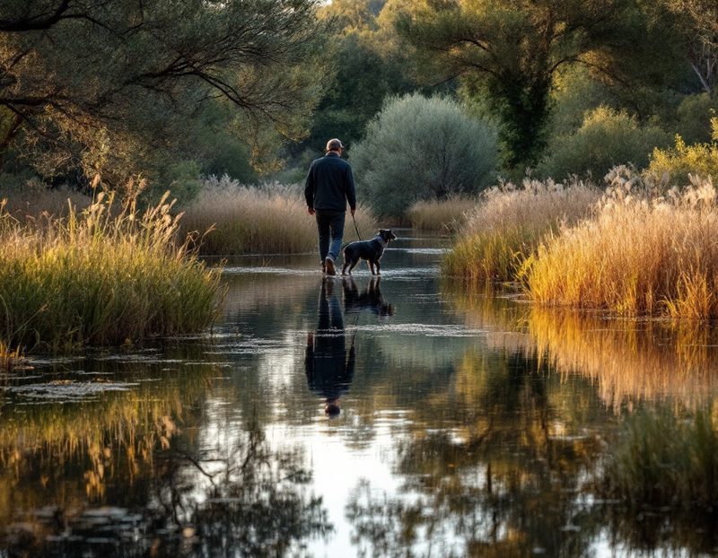 Promenade autour d'un petit lac bordé d'arbres et de roseaux, en fin de journée